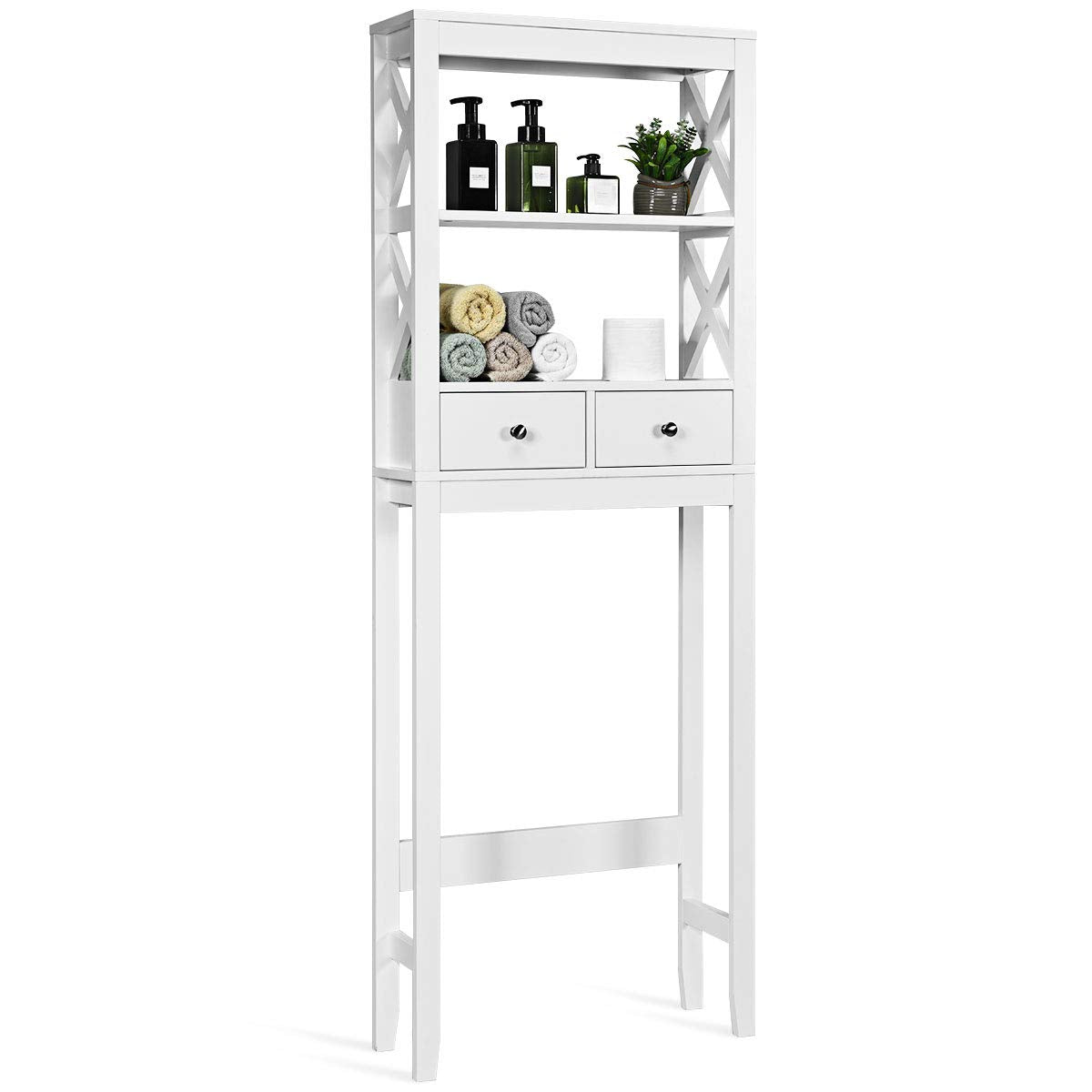 Meuble de Rangement pour Salle de Bain Tangkula, Étagère au-dessus des Toilettes, Organisateur de Rangement de Salle de Bain en X avec 2 Tiroirs (Blanc)